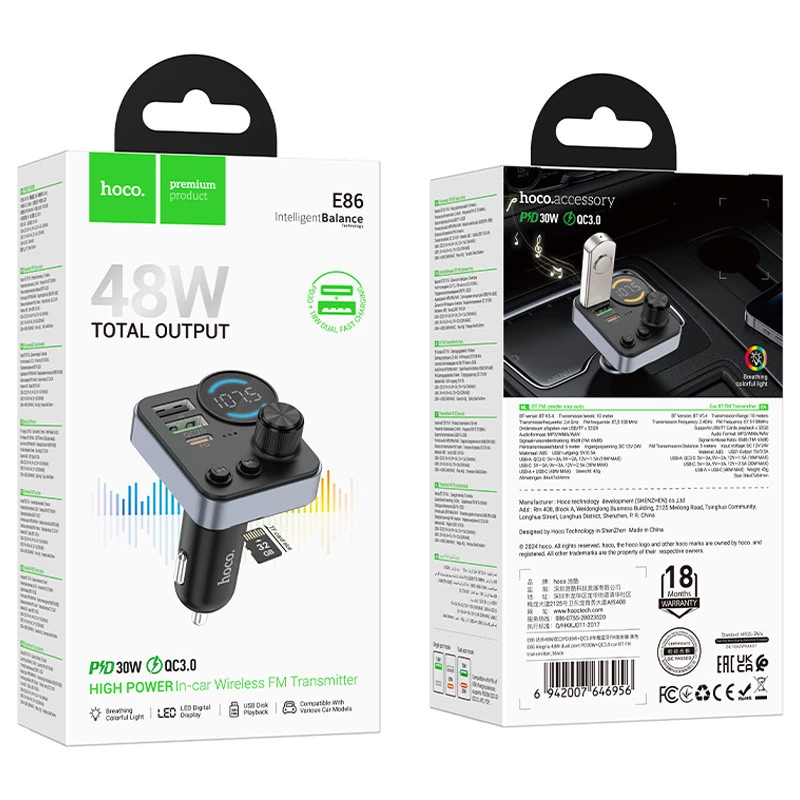 АЗУ FM модулятор Hoco E86 Alegria PD30W+QC3.0 48W (2USB-A/1C) – Black. Фото 5 из 7