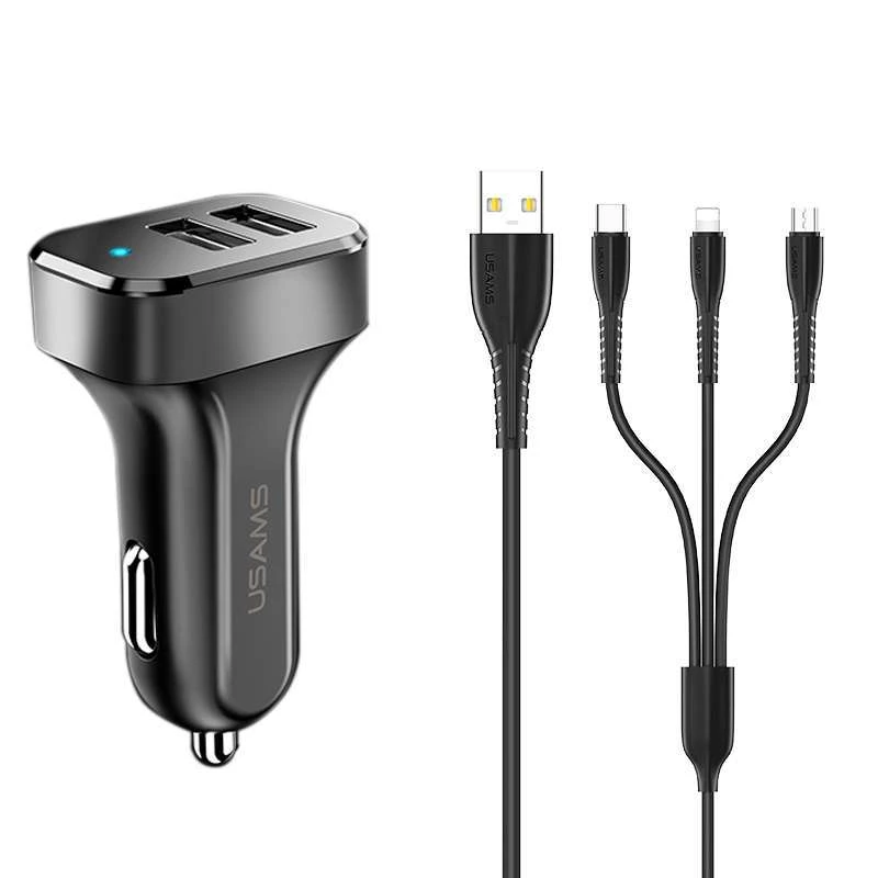 

АЗУ Usams C13 2.1A Dual USB + U35 3IN1 Charging Cable (1m) (Черный), Чорний