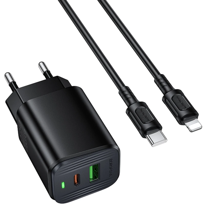 МЗП Borofone BAS83A Star PD20W+QC3.0 (1USB-A/1C) + кабель Type-C to Lightning – Black. Фото 1 з 3