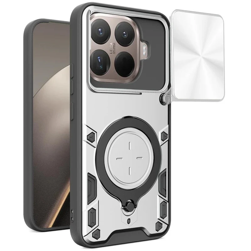 Ударопрочный чехол Bracket Ringstand с защитной шторкой для камеры для Xiaomi 15T Pro – silver. Фото 2 из 2