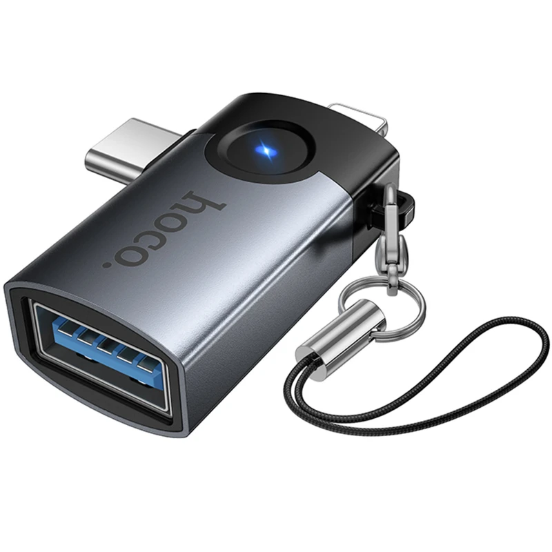 Переходник Hoco UA46D OTG 2in1 Lightning male/Type-C male to USB female – Metal gray. Фото 3 из 6