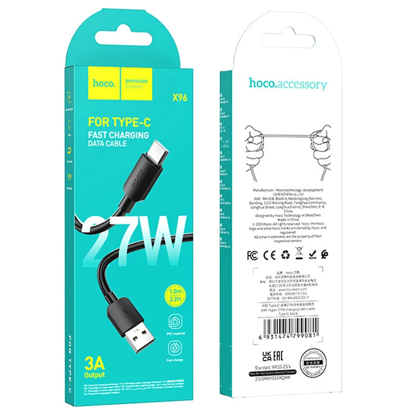 Дата кабель Hoco X96 Hyper USB to Type-C 27W (1m) – Black. Фото 6 из 6