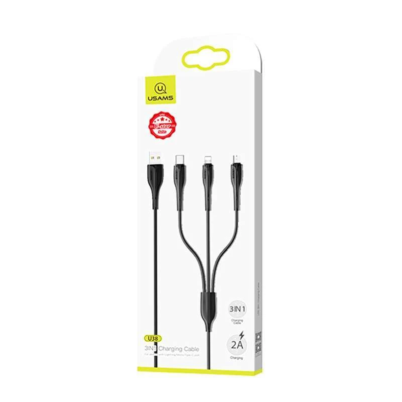 Дата кабель Usams US-SJ374 U38 3IN1 Charging Cable 1m – Чорний. Фото 5 з 5