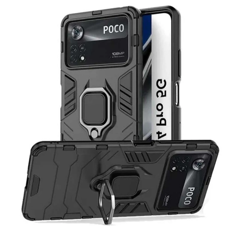 Противоударный чехол Transformer с кольцом для Xiaomi Poco X4 Pro 5G – Черный / Soul Black. Фото 2 из 4