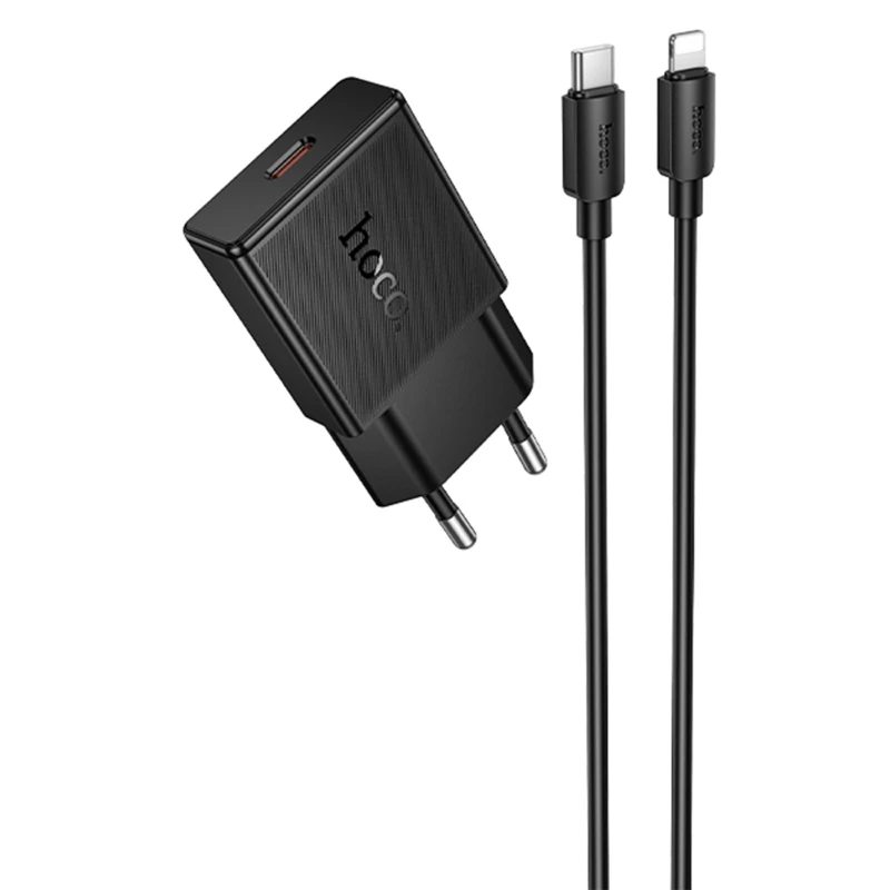 СЗУ Hoco N72 Speed ultra-thin PD20W (1USB-C) + кабель Type-C to Lightning – Black. Фото 1 из 4