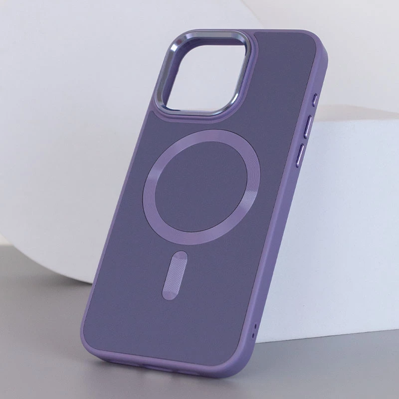 Кожаный чехол Bonbon с металлическими кнопками и MagSafe на Apple iPhone 15 (6.1") – Серый / Lavender. Фото 4 из 6