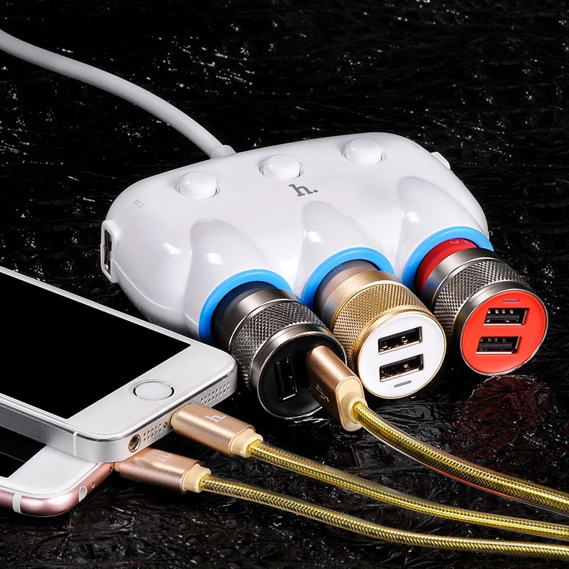 АЗУ с разветвителем прикуривателя Hoco C1 (3 порта+2USB/3.1A) – White. Фото 3 из 5