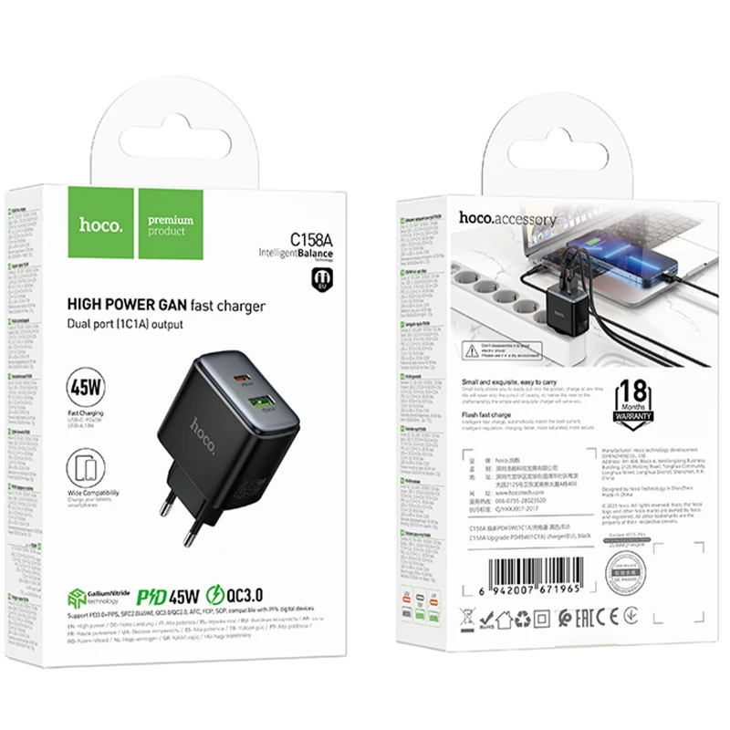 МЗП Hoco C158A Upgrade PD45W (1USB-A/1C) – Black. Фото 6 з 6