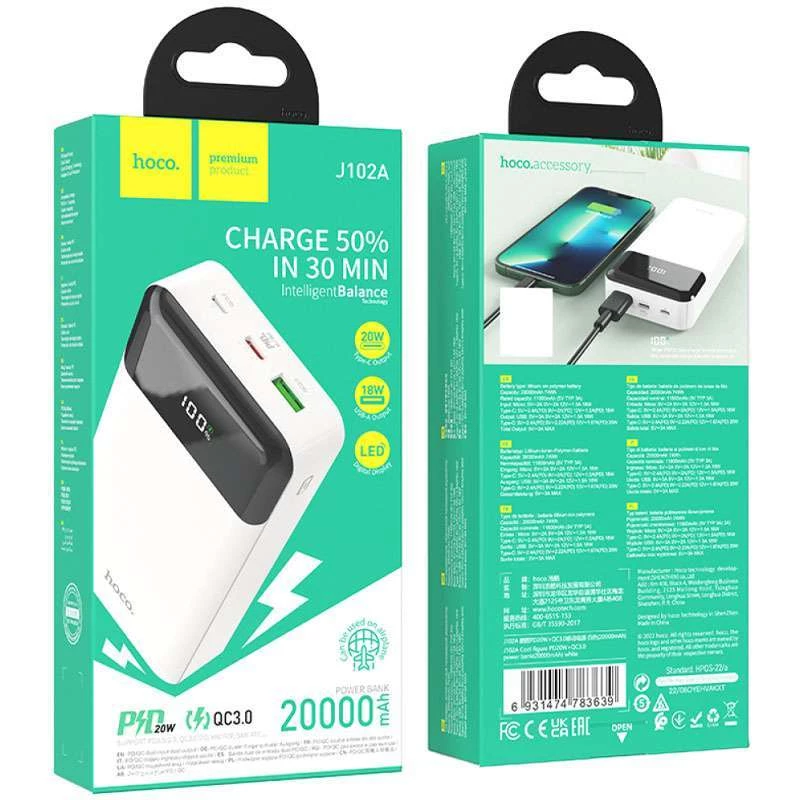 Портативное зарядное устройство Power Bank Hoco J102A Cool figure PD20W+QC3.0 20000 mAh – White. Фото 7 из 8