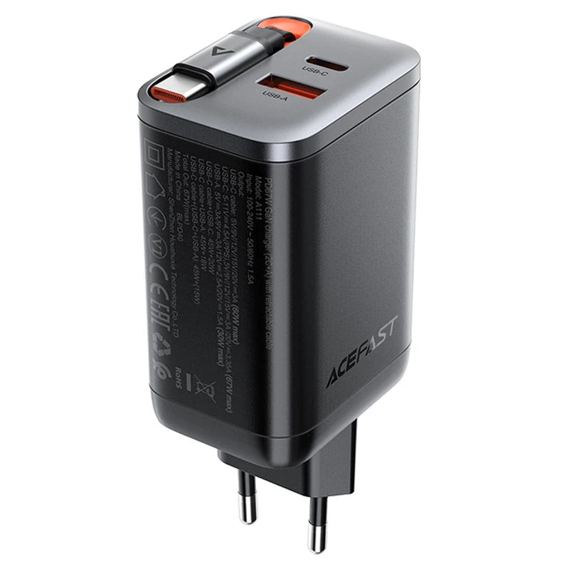 СЗУ Acefast A111 GaN With Retractable Cable Type-C PD67W (1USB-A/1C) – Black. Фото 2 из 6
