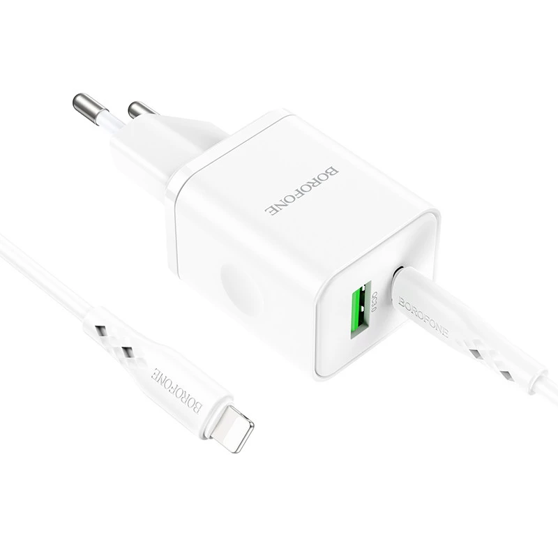 МЗП Borofone BN7 PD20W+QC3.0 (1USB-A/1C) + Type-C to Lightning – White. Фото 3 з 8