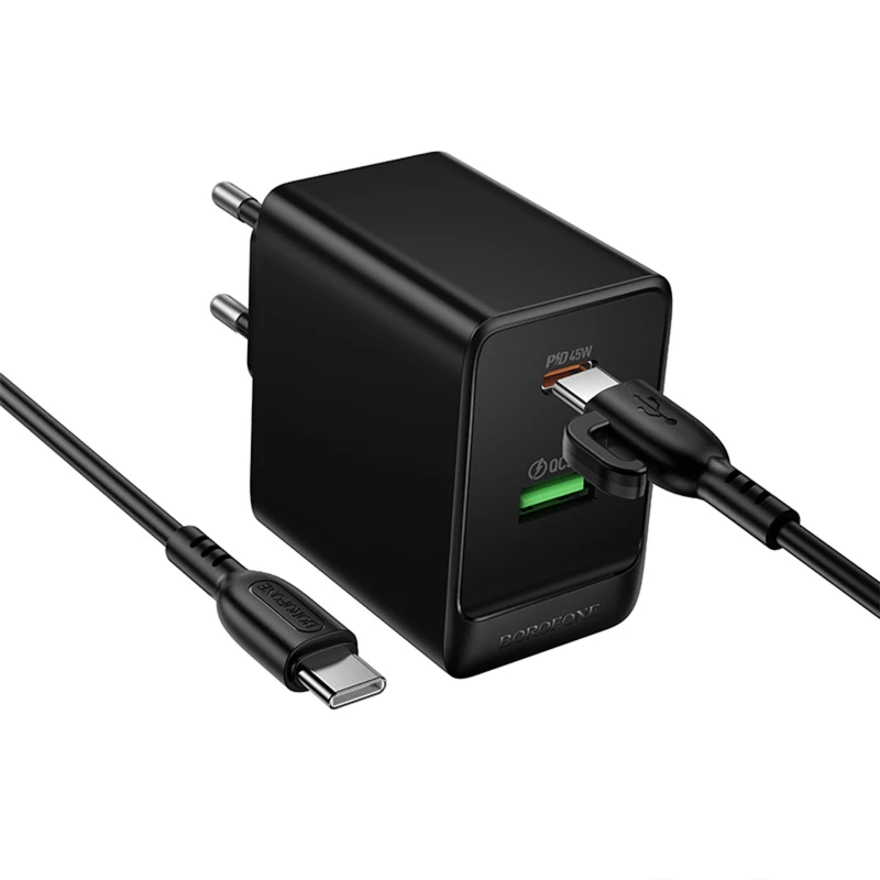 МЗП Borofone BAS16A Erudite PD45W+QC3.0 (1USB-A/1C) + кабель Type-C to Type-C – Black. Фото 5 з 5