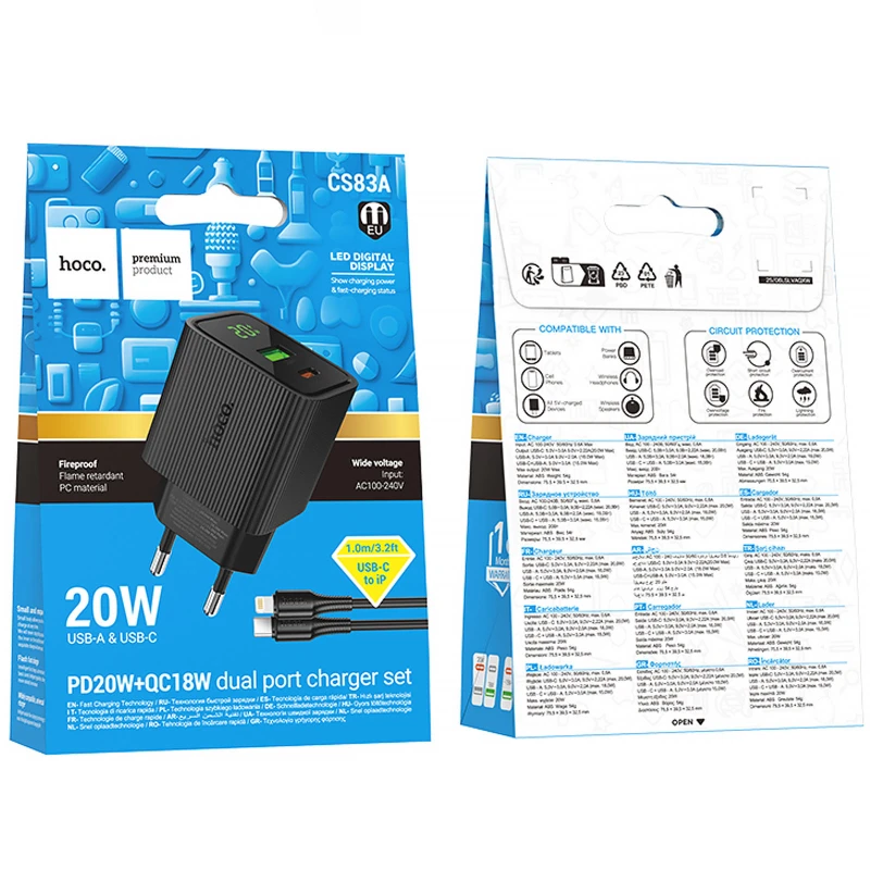 СЗУ Hoco CS83A Excellent with digital display PD20W+QC3.0 (1USB-A/1C) + кабель Type-C to Lightning – Black. Фото 2 из 5