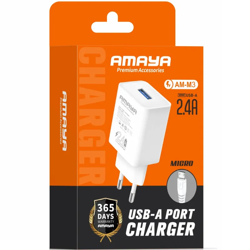 СЗУ Amaya C3 2.4A (1USB-A) + кабель USB to Type-C – White. Фото 2 из 2