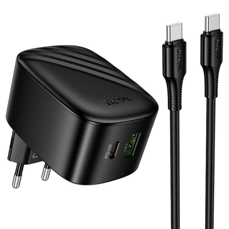 СЗУ Hoco CS102A Folding PD30W+QC3.0 (1USB-A/1C) + кабель Type-C to Type-C – Black. Фото 1 из 4