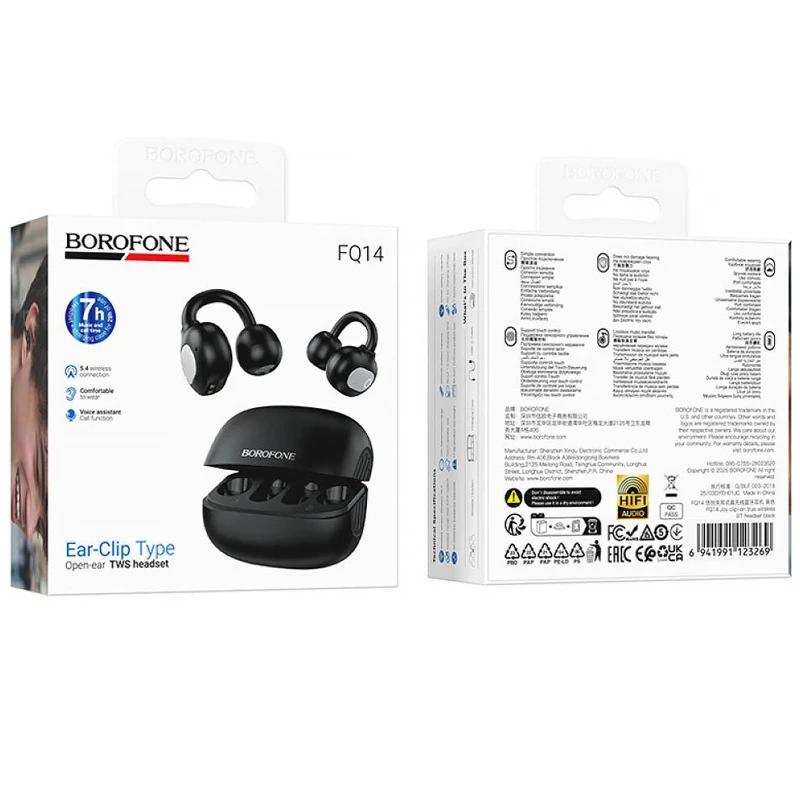 Бездротові TWS навушники Borofone FQ14 Joy clip-on – Black. Фото 3 з 3