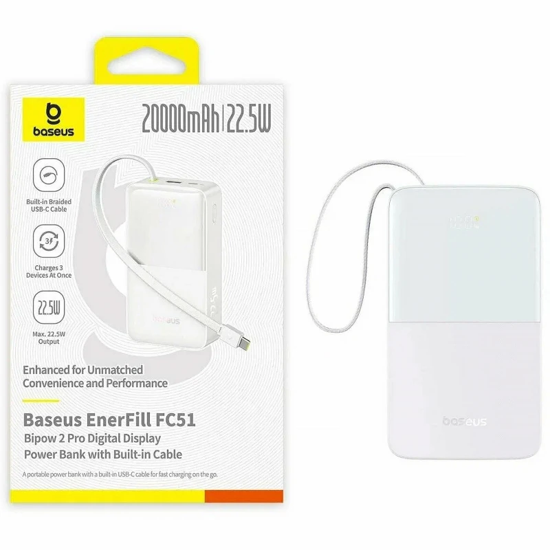 Портативний ЗП Power Bank Baseus EnerFill FC51 Bipow2 Pro 22.5W 20000 mAh (E00277) – White. Фото 3 з 4