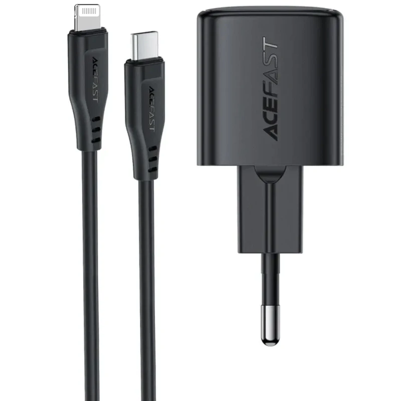 СЗУ Acefast A118 PD30W GaN (1USB-C) + кабель Type-C to Lightning – Black. Фото 1 из 3