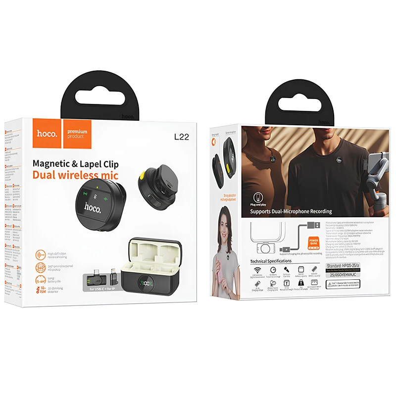 Петличний бездротовий мікрофон Hoco L22 Bright 2in1 (Lightning/Type-C) – Black. Фото 6 з 6