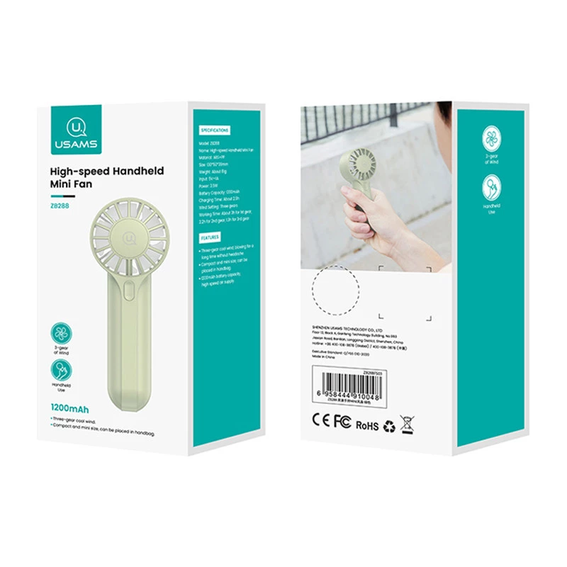 Портативний вентилятор Usams ZB288 Handheld mini fan 1200 mAh – Green. Фото 6 з 7