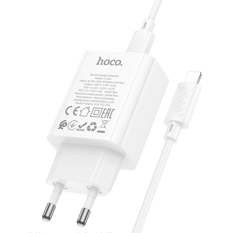 СЗУ Hoco C143A Benefit PD20W (1USB-C) + кабель Type-C to Lightning – White. Фото 7 из 8
