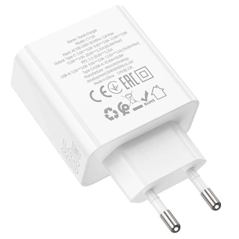МЗП Hoco C113A Awesome PD65W (1USB/1Type-C) – White. Фото 3 з 4