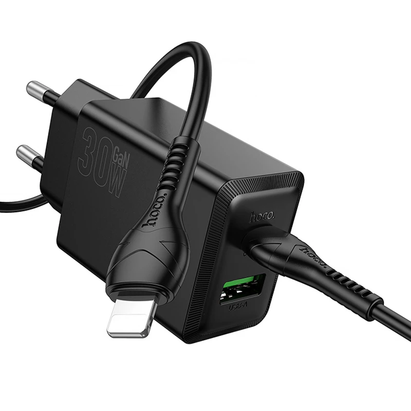 СЗУ Hoco N71 Nuevo PD30W+QC3.0 (1USB-A/1C) + кабель Type-C to Lightning – Black. Фото 3 из 5