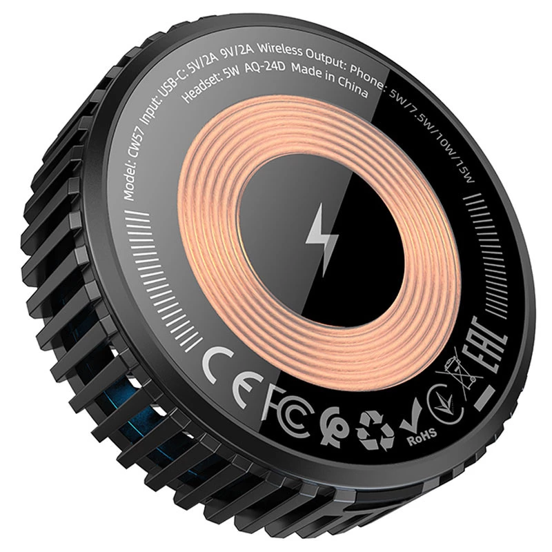 БЗП Hoco CW57 Air-cooled 15W magnetic wireless fast charger – Black. Фото 3 з 8