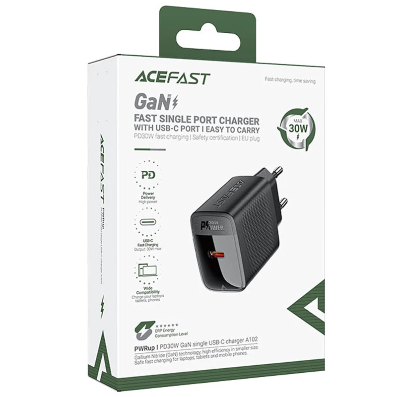 СЗУ Acefast A102 PD30W GaN (1USB-C) – Black. Фото 2 из 6