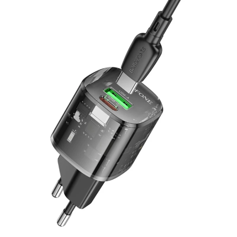 МЗП Borofone BN17 Sunlight PD20W+QC3.0 (1Type-C/1USB) + Type-C to Type-C – Transparent black. Фото 2 з 5