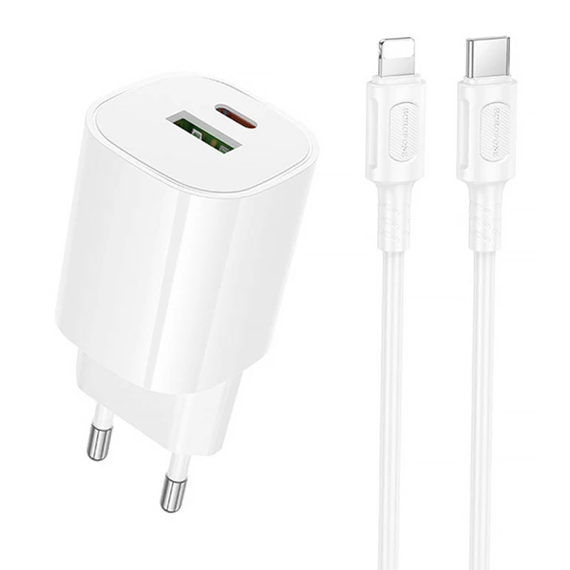 СЗУ Borofone BA104A Pudding PD20W+QC3.0 (1USB-A/1C) + кабель Type-C to Lightning – White. Фото 1 из 4