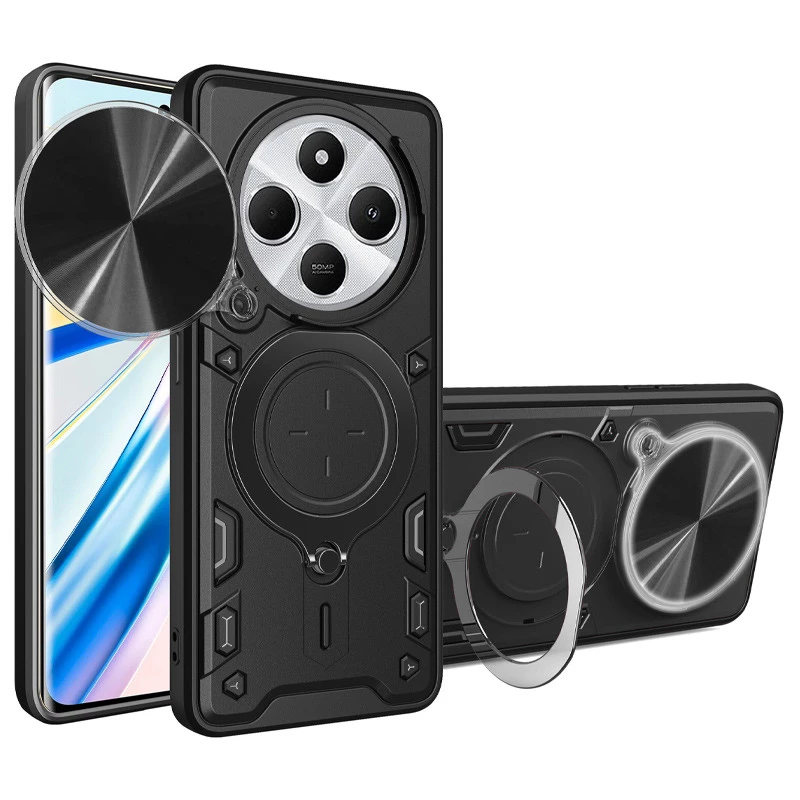 Ударопрочный чехол Bracket Ringstand с защитной шторкой для камеры для Xiaomi Redmi 14C / Poco C75 – Black. Фото 1 из 6