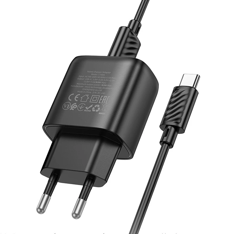 МЗП Hoco C140A Smart QC3.0 (1USB/3A) + Type-C – Black. Фото 4 з 6