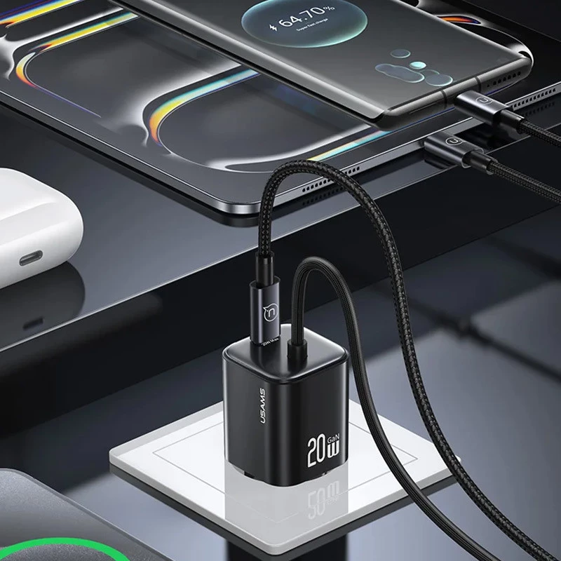 МЗП Usams US-CC261 GaN JC Ser. 20W (2USB-C) + кабель Type-C to Type-C – Black. Фото 5 з 8