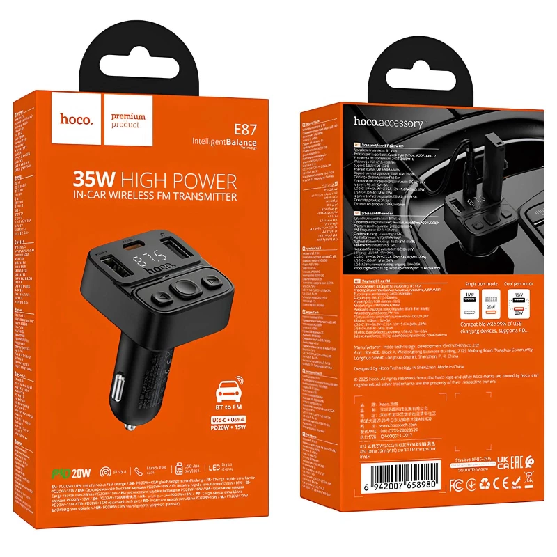 АЗУ FM модулятор Hoco E87 Delta 35W (1USB-A/1C) – Black. Фото 4 из 4