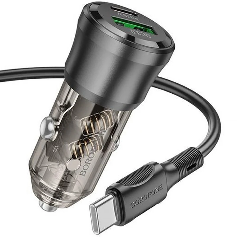АЗП Borofone BZ25 Journey PD20W+QC3.0 total 38W (1USB-A/1C) + кабель Type-C to Type-C – Transparent black. Фото 3 з 4