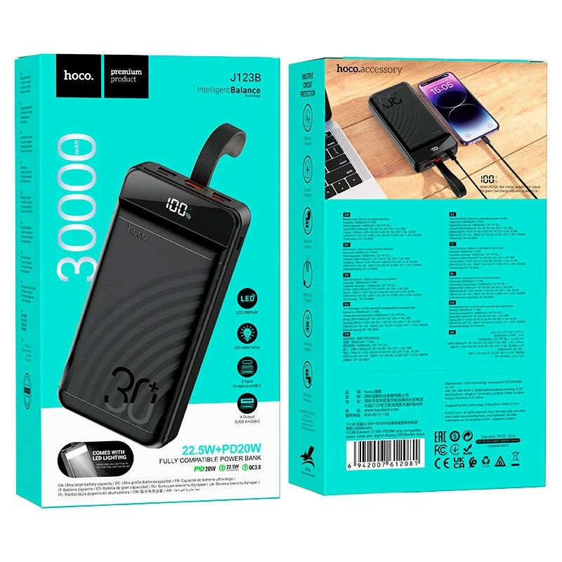 Портативний зарядний пристрій Power Bank Hoco J123B Element 22.5W+PD20W 30000 mAh – Black. Фото 6 з 6