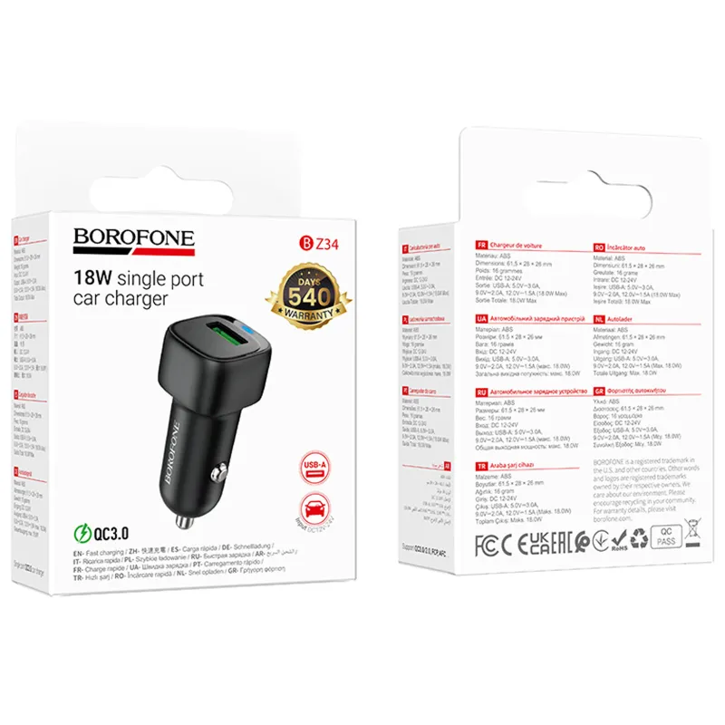 АЗП Borofone BZ34 Cloud QC3.0 18W (1USB-A) – Black. Фото 2 з 5