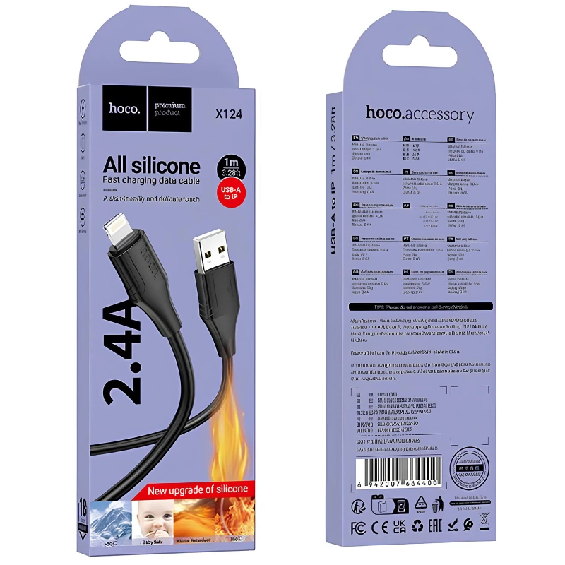 Дата кабель Hoco X124 Bien silicone USB to Lightning 2.4A (1m) – Black. Фото 4 из 4