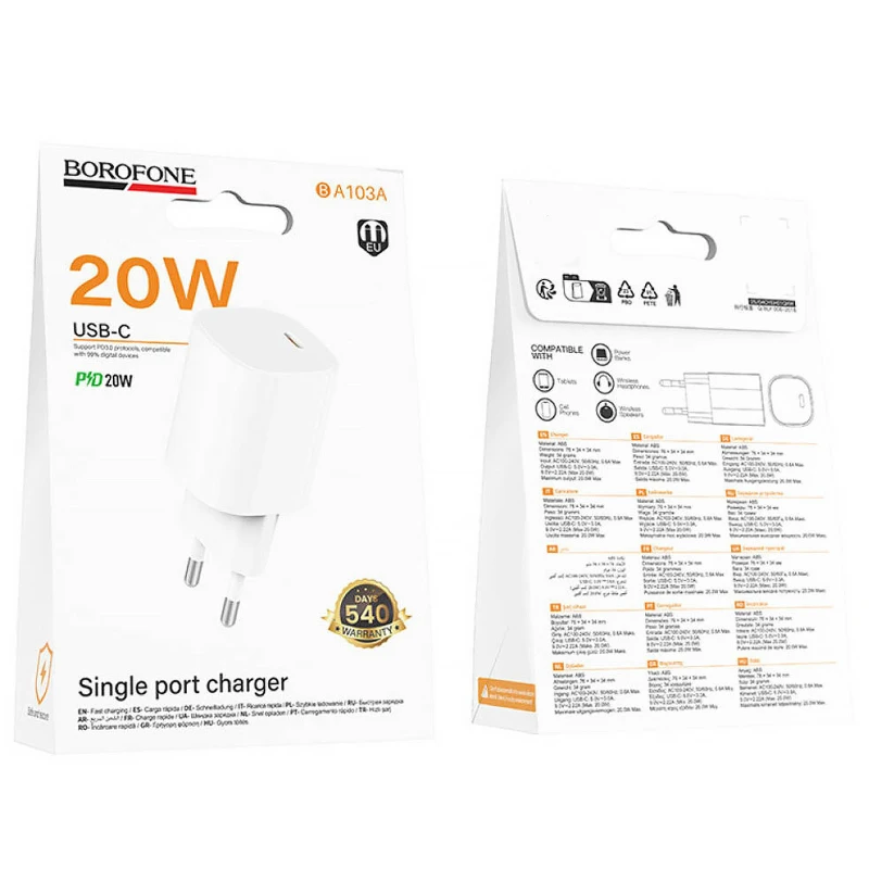 СЗУ Borofone BA103A Pudding PD20W (1USB-C) – White. Фото 4 из 5
