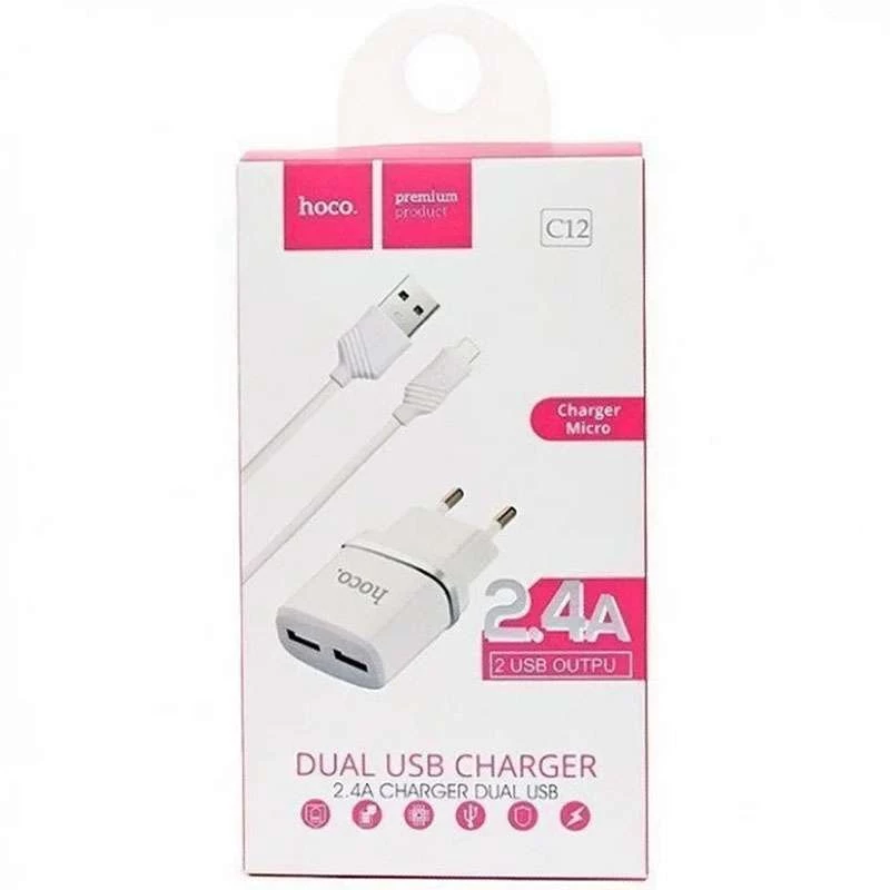 МЗП Hoco C12 Charger + Cable (Micro) 2.4A 2USB – Білий. Фото 3 з 3