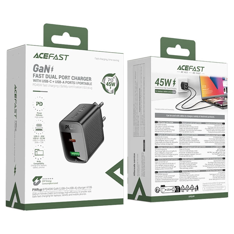 МЗП Acefast A106 GaN PD45W (1USB-A/1C) – Black. Фото 6 з 6
