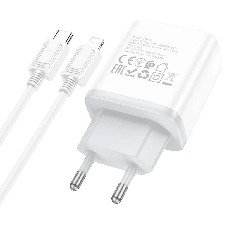 МЗП Hoco C104A PD 20W Type-C to Lightning – White. Фото 2 з 3