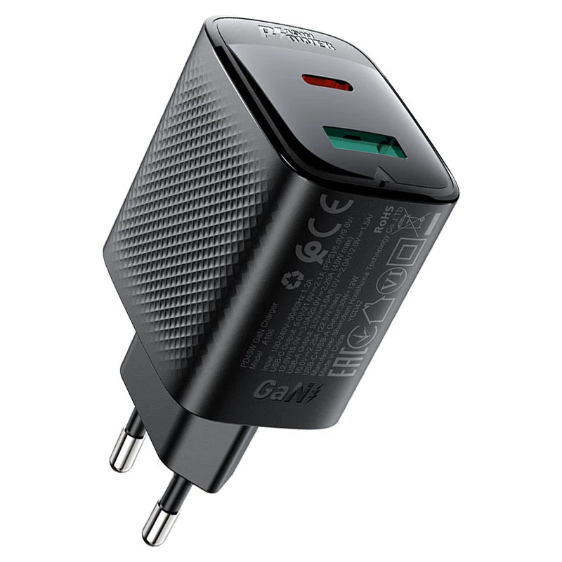 МЗП Acefast A106 GaN PD45W (1USB-A/1C) – Black. Фото 1 з 6