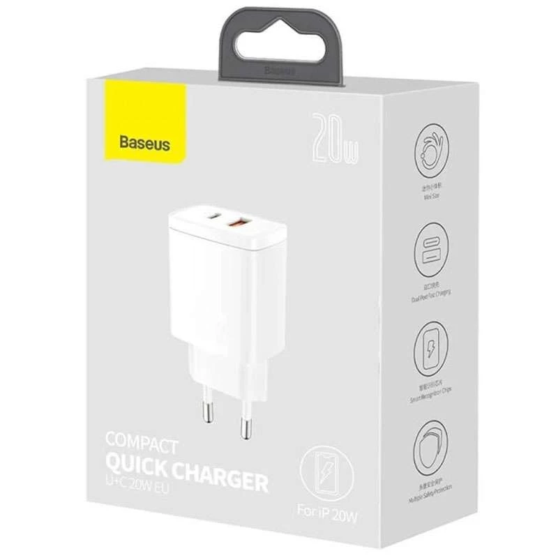 МЗП Baseus Compact Quick Charger 20W QC+ PD (Type-C + 1USB) – White. Фото 3 з 3