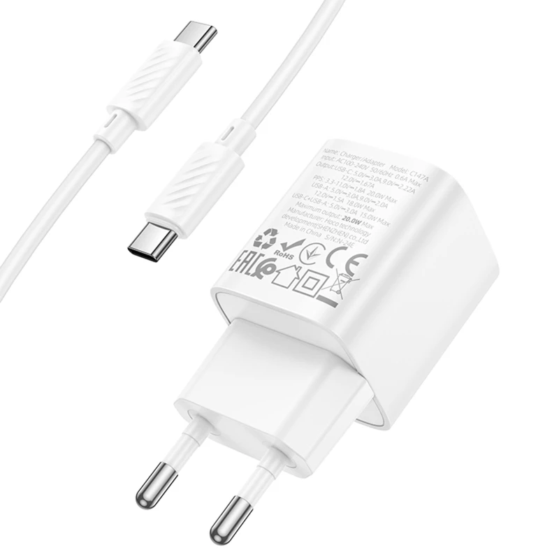 СЗУ Hoco C147A PD20W+QC3.0 (1USB-A/1C) + кабель Type-C to Type-C – White. Фото 7 из 7