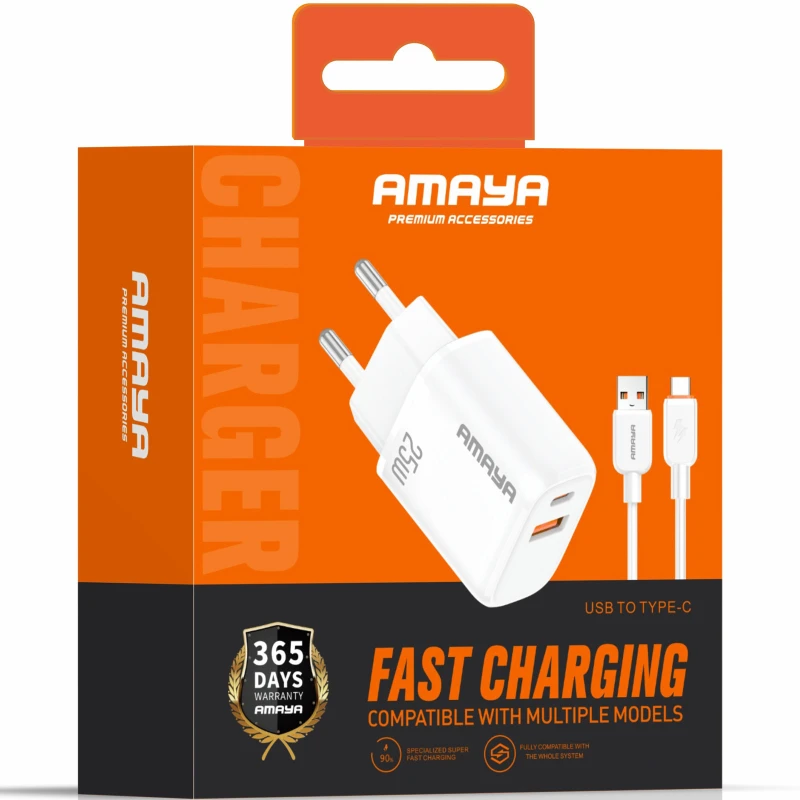 СЗУ Amaya E231D PD25W+QC3.0 (1USB-A/1C) + кабель USB to Type-C – White. Фото 2 из 2