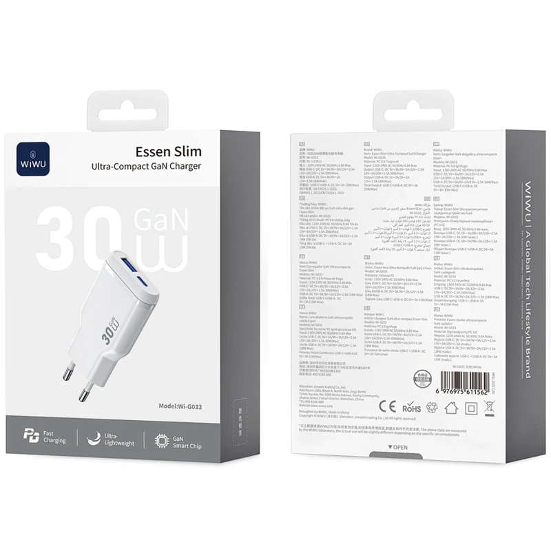 МЗП WIWU G033 Essen PD30W+QC3.0 GaN (1USB-A/1C) – White. Фото 5 з 5