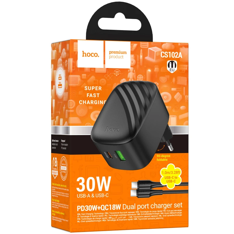 СЗУ Hoco CS102A Folding PD30W+QC3.0 (1USB-A/1C) + кабель Type-C to Type-C – Black. Фото 4 из 4