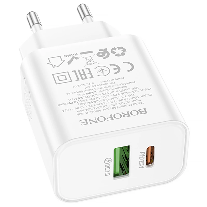 МЗП Borofone BA88A Navy PD20W+QC3.0 (1USB-A/1C) – White. Фото 4 з 5
